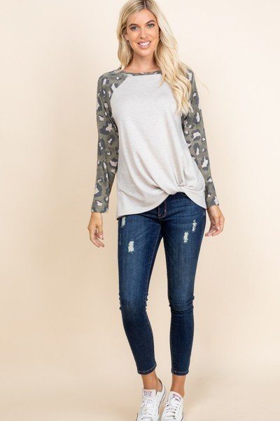 Casual French Terry Side Twist Top With Animal Print Long Sleeves in Oat