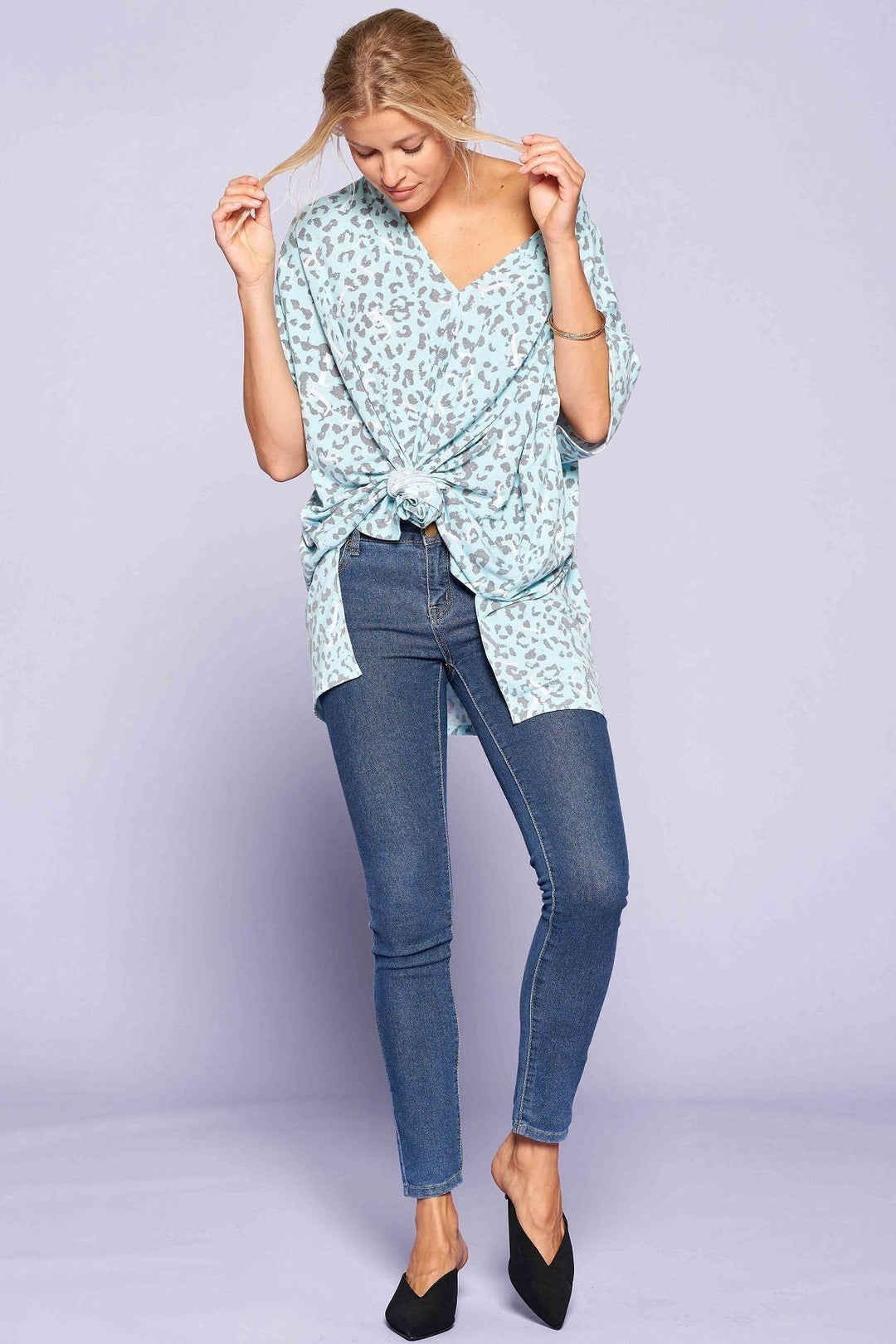 Leopard And Letter Printed Knit Top in Mint/Blue