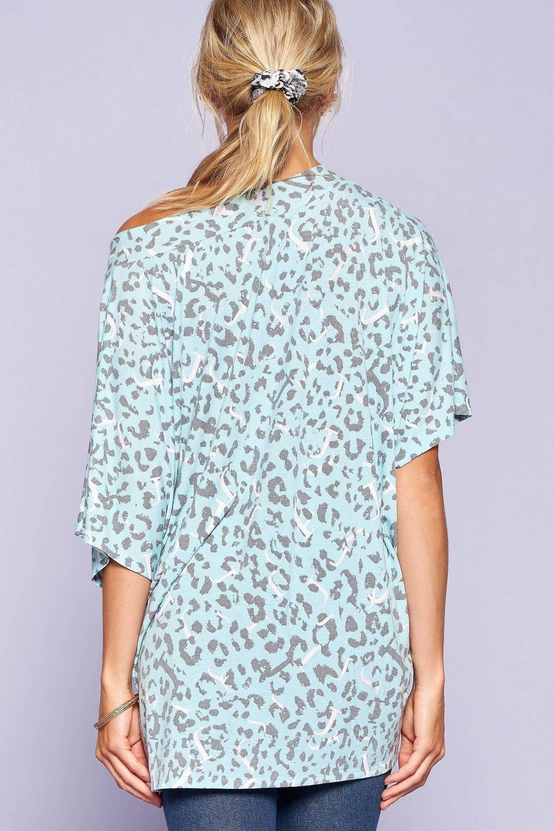 Leopard And Letter Printed Knit Top in Mint/Blue