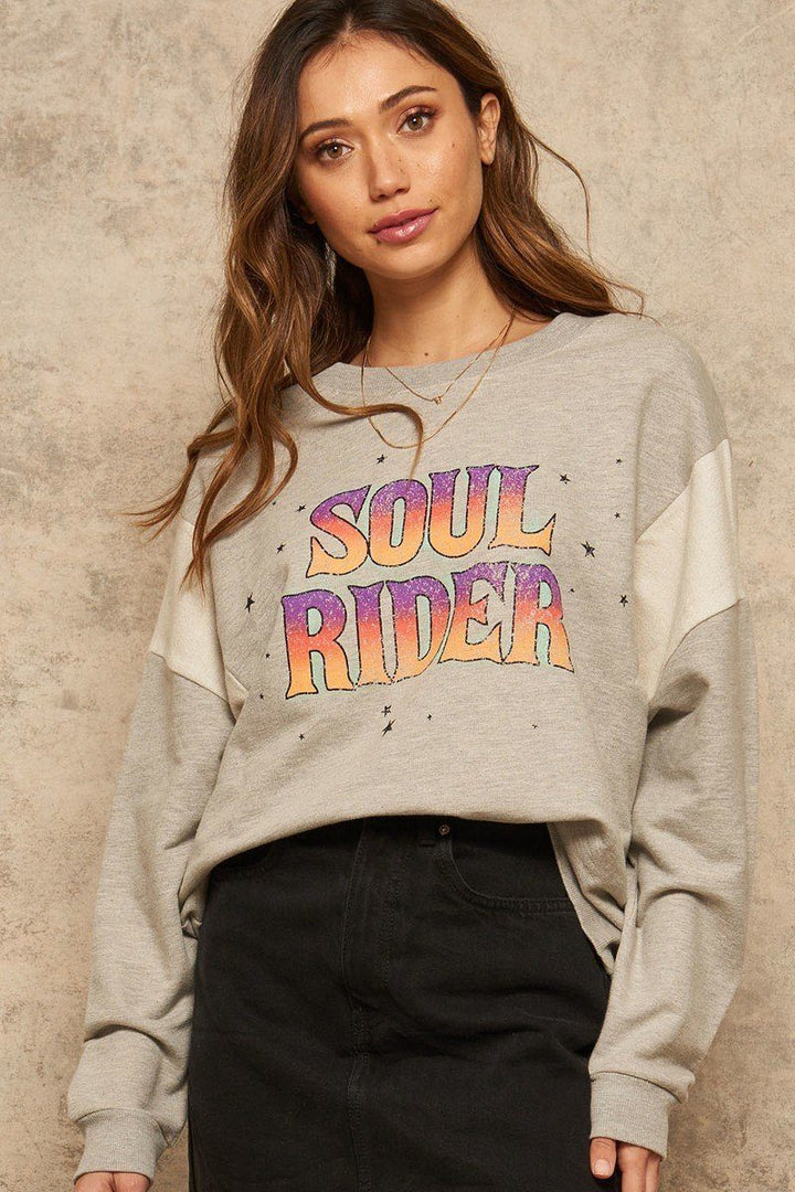 Vintage-style "Soul Rider" French Terry Knit Graphic Sweatshirt Women Heather Grey