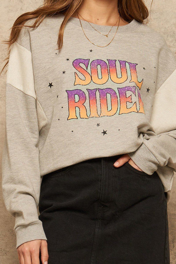 Vintage-style "Soul Rider" French Terry Knit Graphic Sweatshirt Women Heather Grey