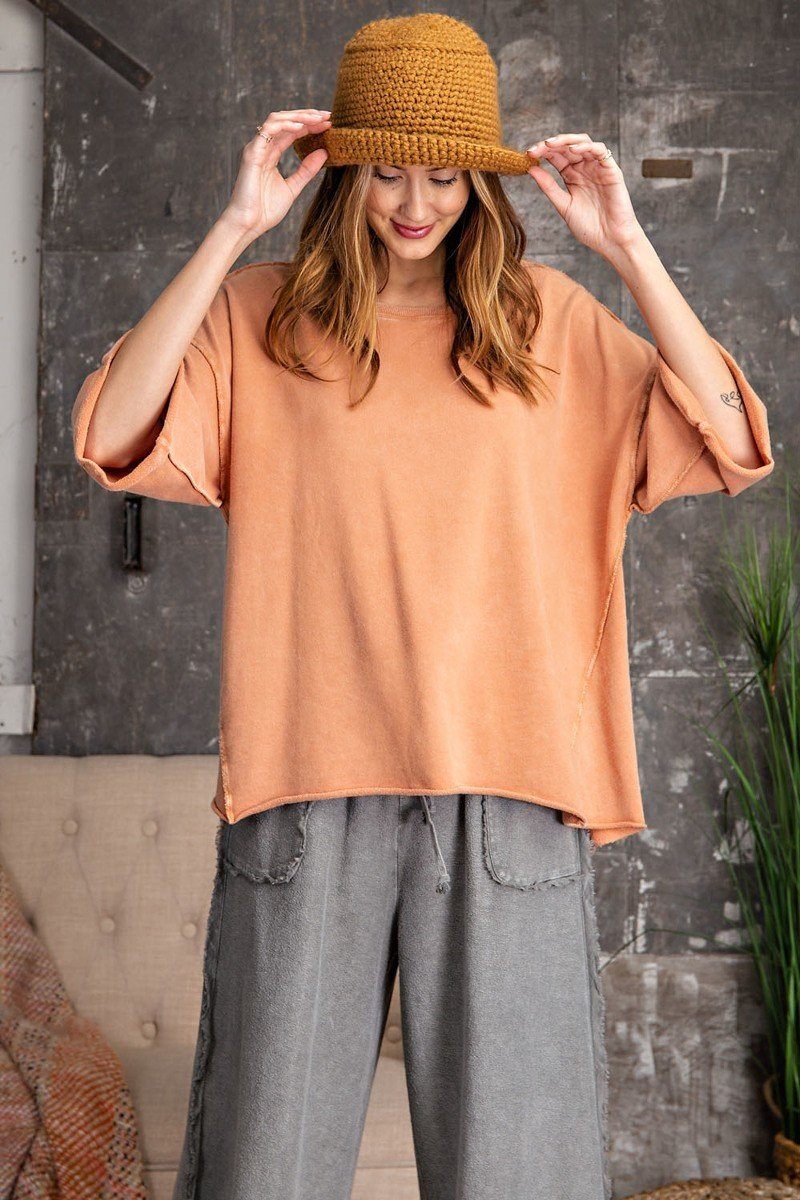 3/4 Sleeves Mineral Washed Terry Knit Boxy Top