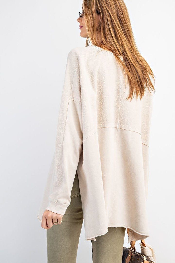 Terry Knit Upside Down Detailing Side Slits Pullover Tunic in Khaki