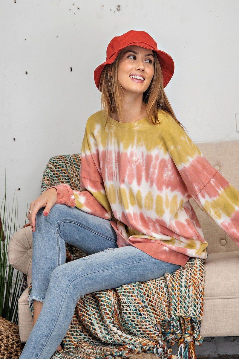 Ombre Dye Terry Knit Banded Bottom Pullover in Mustard Rose