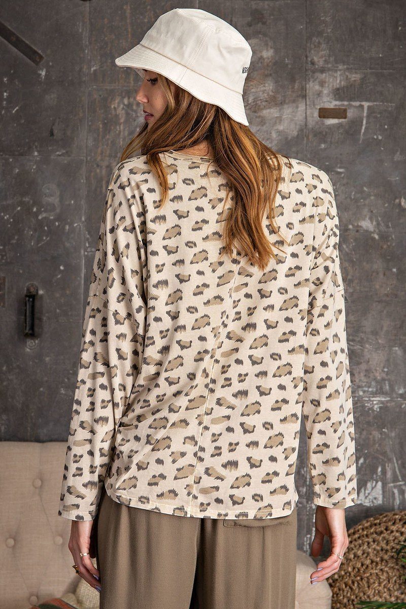 Leopard Printed Garment Dye Loose Fit Knit Top in Tan