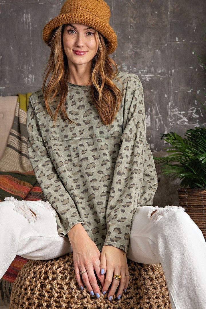 Leopard Printed Garment Dye Loose Fit Knit Top in Faded Olive