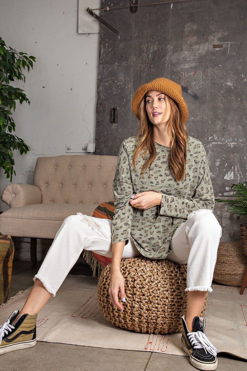 Leopard Printed Garment Dye Loose Fit Knit Top in Faded Olive