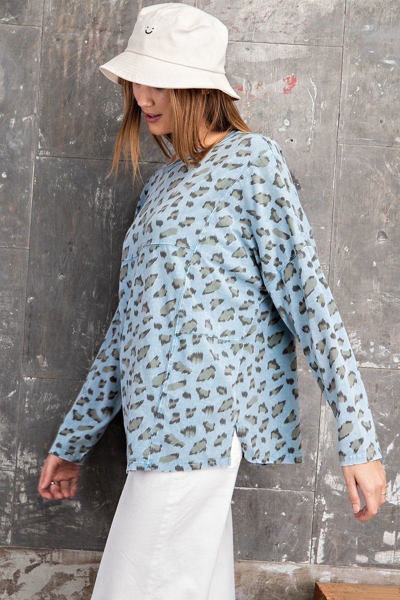 Leopard Printed Garment Dye Loose Fit Knit Top in Faded Blue