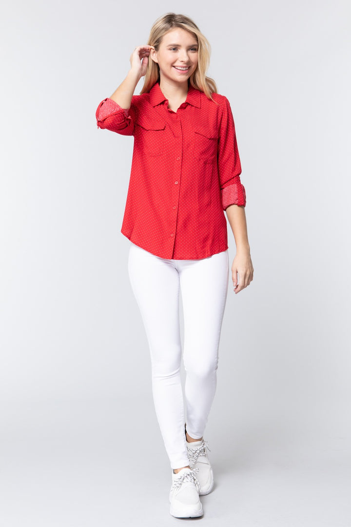 3/4 Roll Up Sleeve Dot Print Shirt in Red/Off White