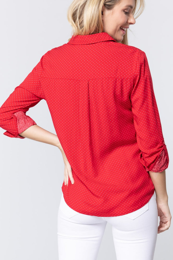 3/4 Roll Up Sleeve Dot Print Shirt in Red/Off White