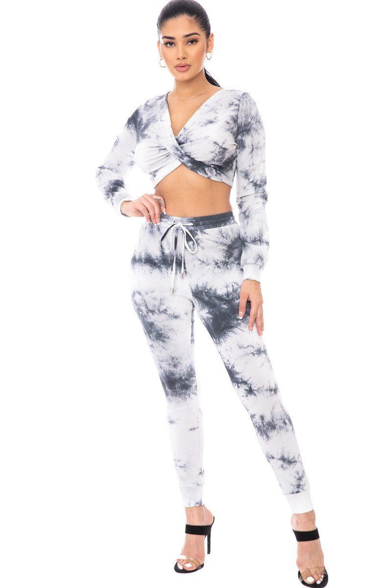 Tie Dye Ribbed Sweater Set in Charcoal