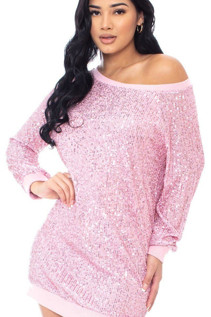 Sequin Wide Neck Boxy Mini Dress in Blush