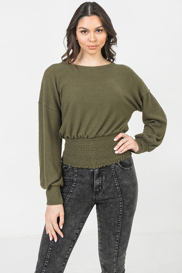 A Long Sleeve Knit Top Featuring Wide Neckline in Olive