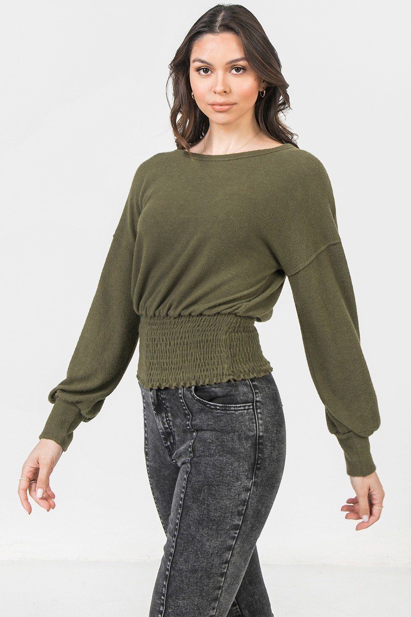 A Long Sleeve Knit Top Featuring Wide Neckline in Olive