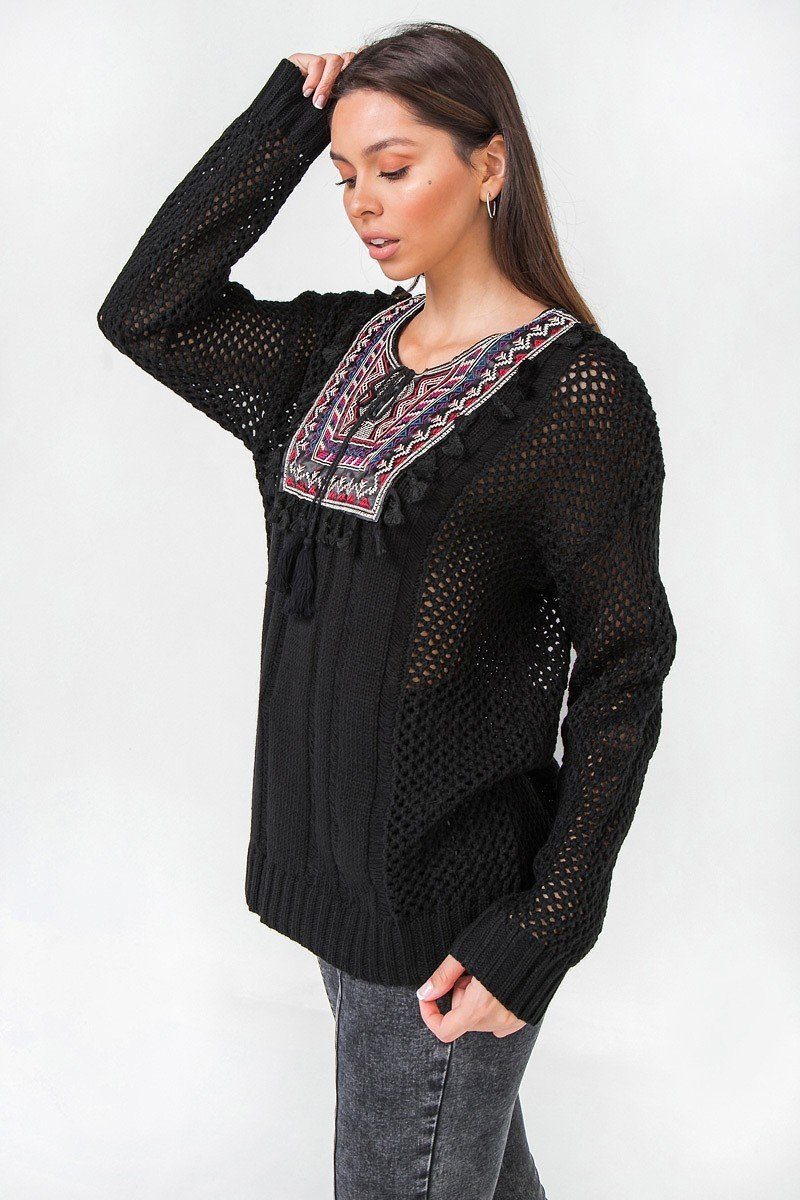 Waffle Knit Sweater in Black