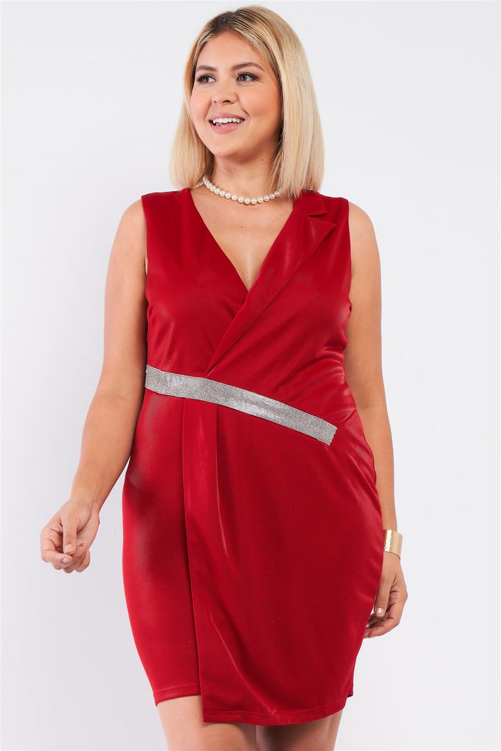 Sleeveless V-neck Asymmetrical Wrap Rhinestones Detail Fitted Mini Blazer Dress in Deep Red