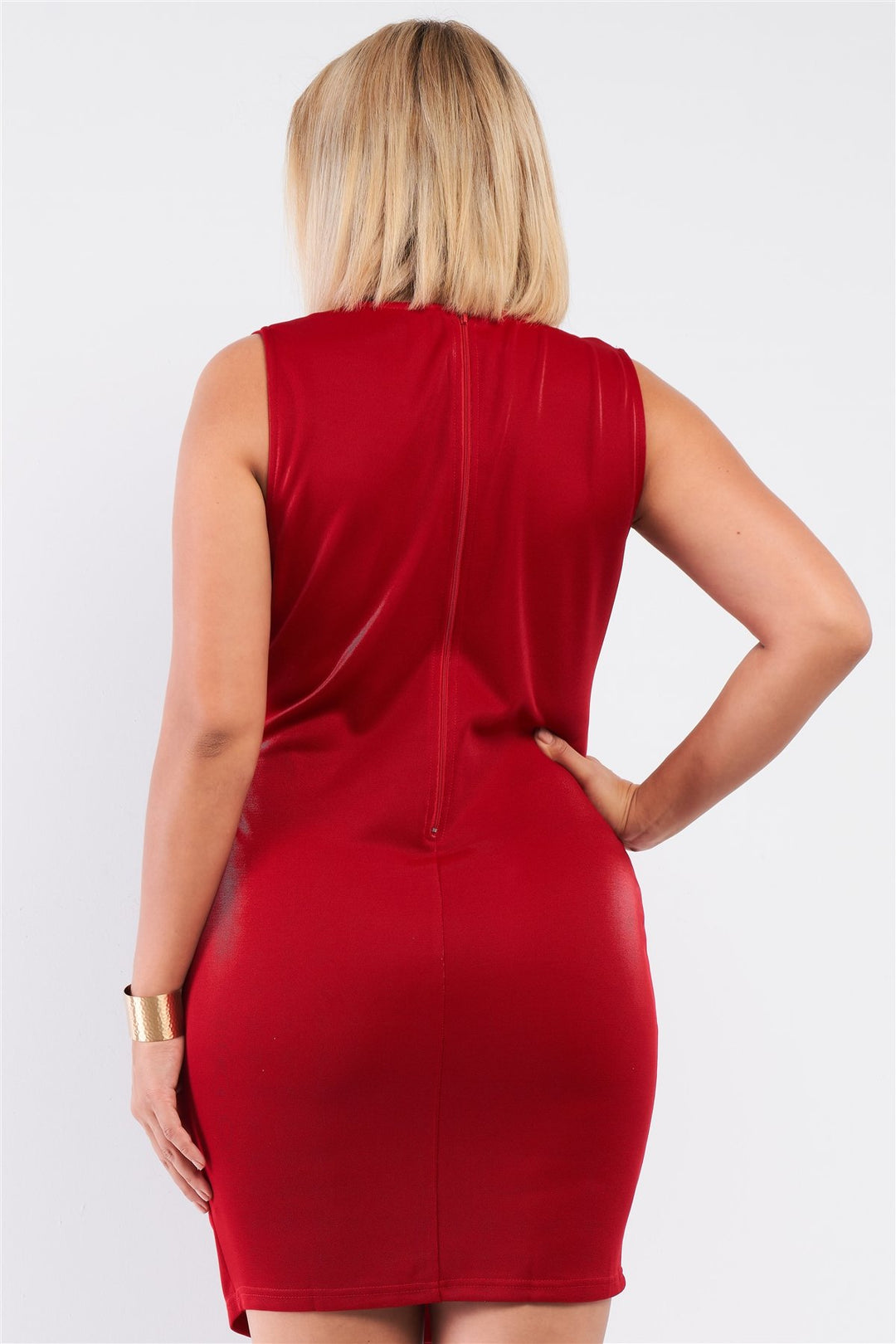 Sleeveless V-neck Asymmetrical Wrap Rhinestones Detail Fitted Mini Blazer Dress in Deep Red