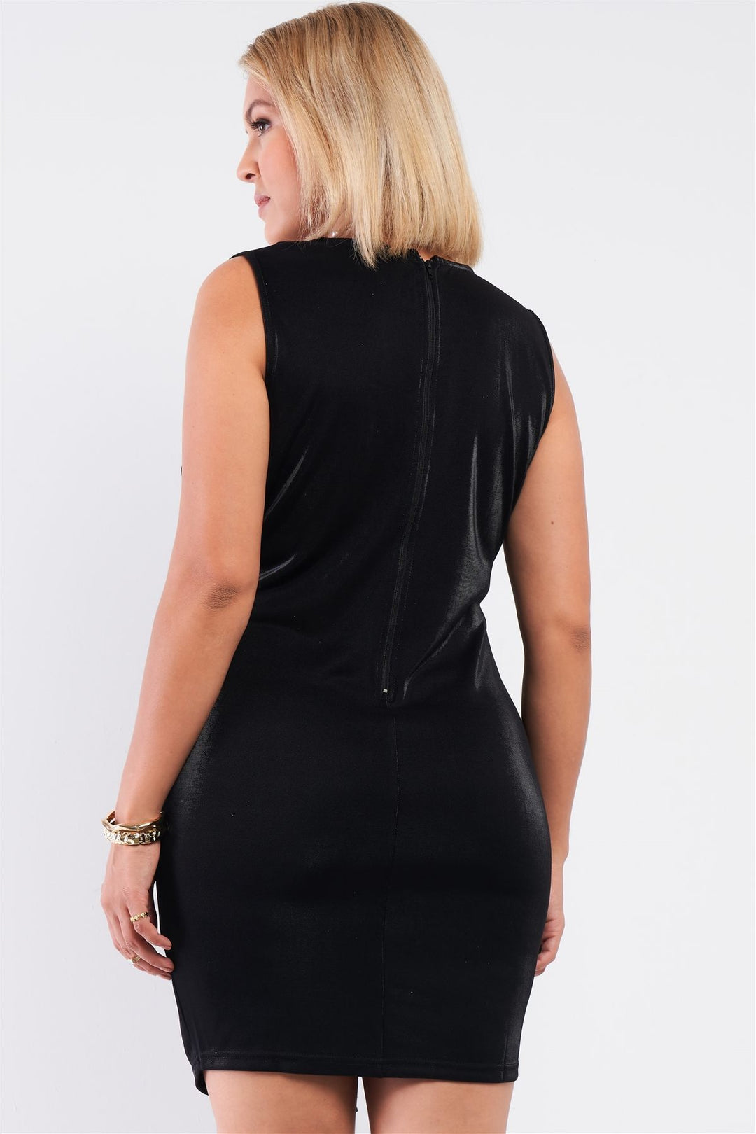 Sleeveless V-neck Asymmetrical Wrap Rhinestones Detail Fitted Mini Blazer Dress in Black