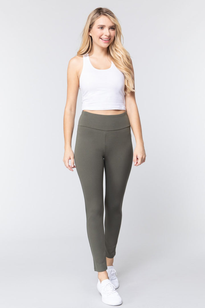 Waist Band Long Ponte Pants in New Olive