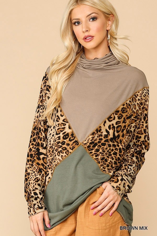 Solid And Animal Print Mixed Knit Turtleneck Top With Long Sleeves Brown Mix