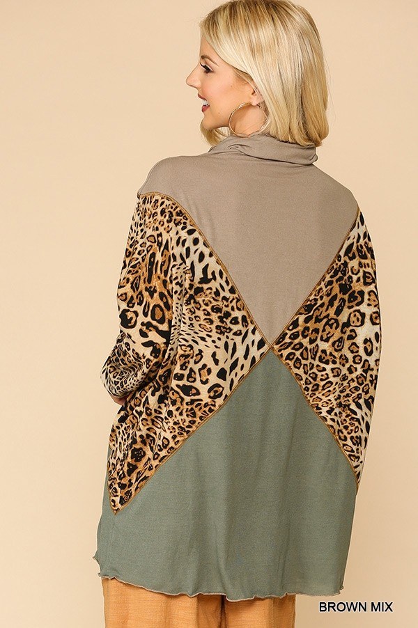 Solid And Animal Print Mixed Knit Turtleneck Top With Long Sleeves Brown Mix