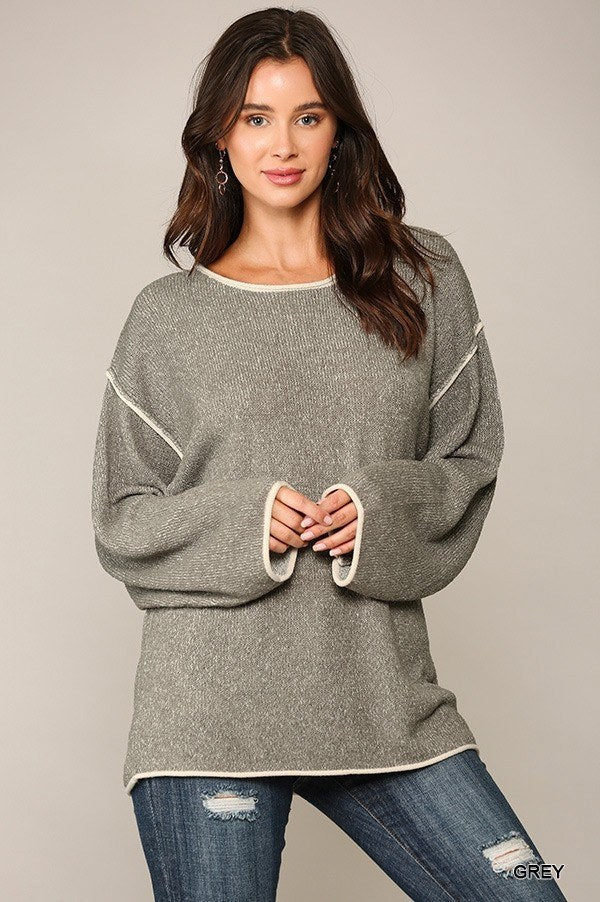 Two-tone Sold Round Neck Sweater Top With Piping Detail Wine
