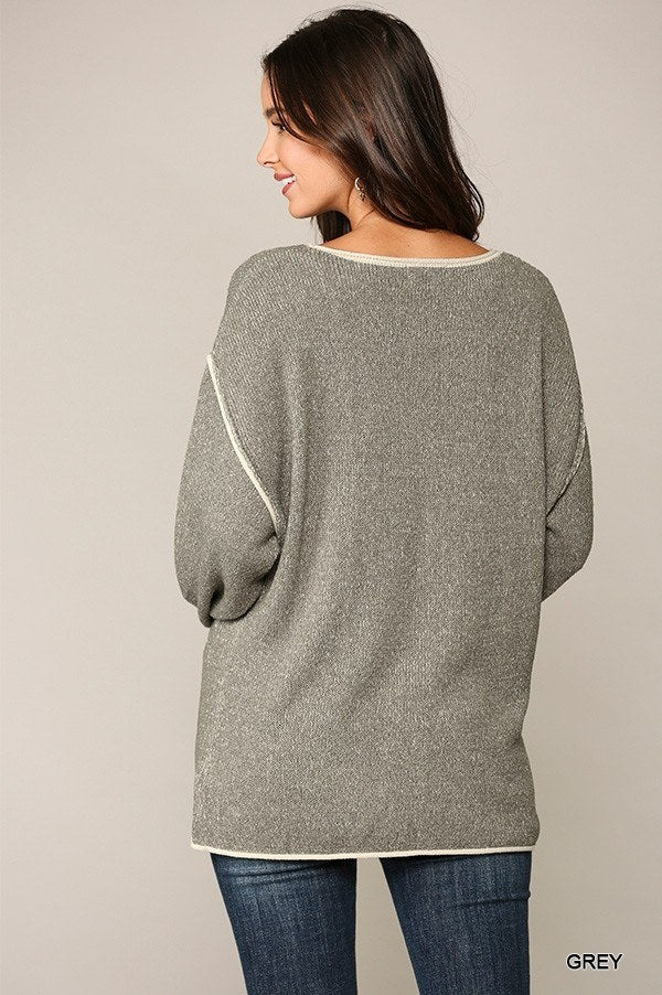 Two-tone Sold Round Neck Sweater Top With Piping Detail Wine