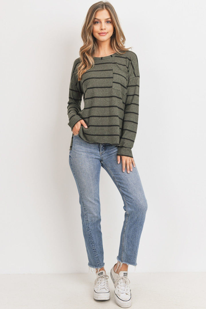 Long Sleeve Striped Front Pocket Round Collar in Olive Multi