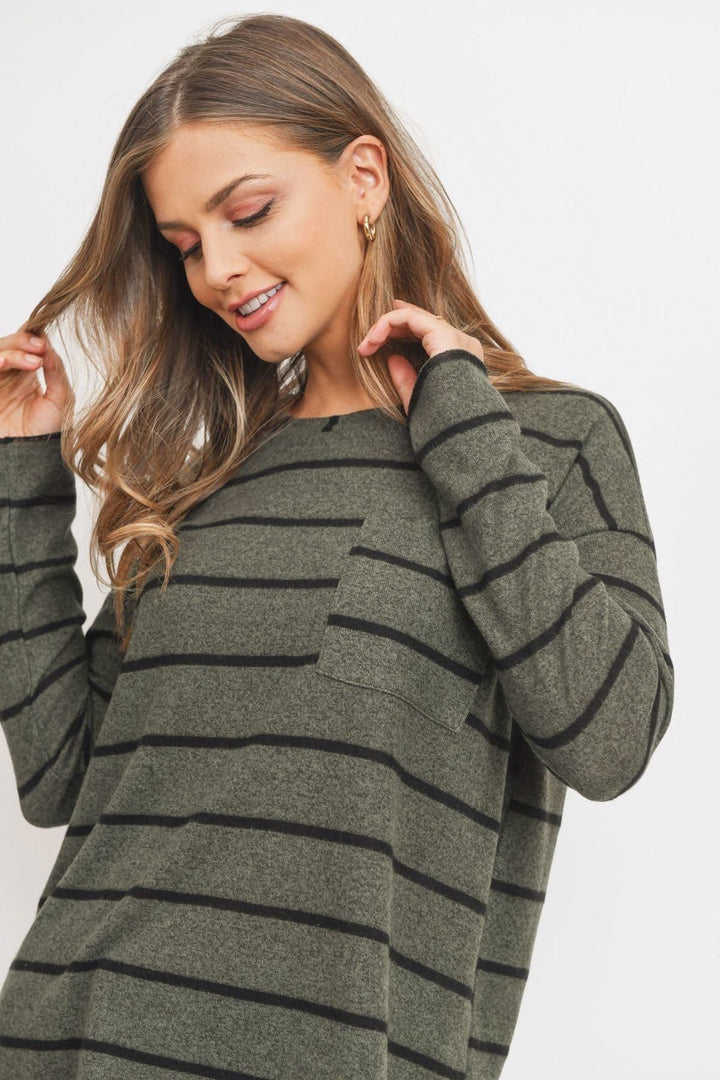 Long Sleeve Striped Front Pocket Round Collar in Olive Multi