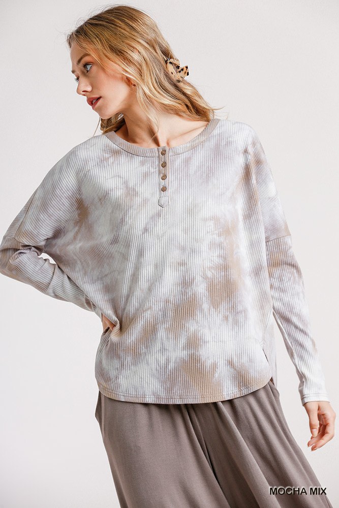 Tie Dye Round Neck Ribbed Button Front Top With Round Hem in Mocha Mix
