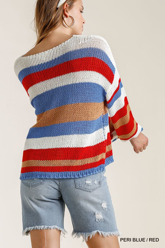 Multicolored Stripe Round Neck Long Sleeve Knit Sweater in Blue/Red