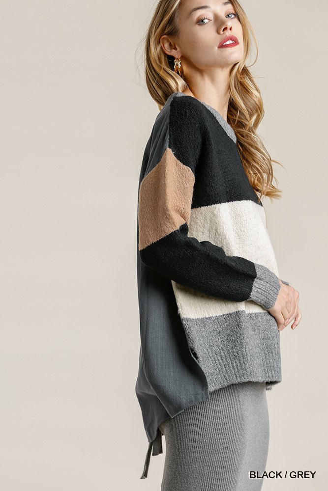 Colorblock Contrasted Cotton Fabric On Back Top With Side Slits And High Low Hem in Black/Grey