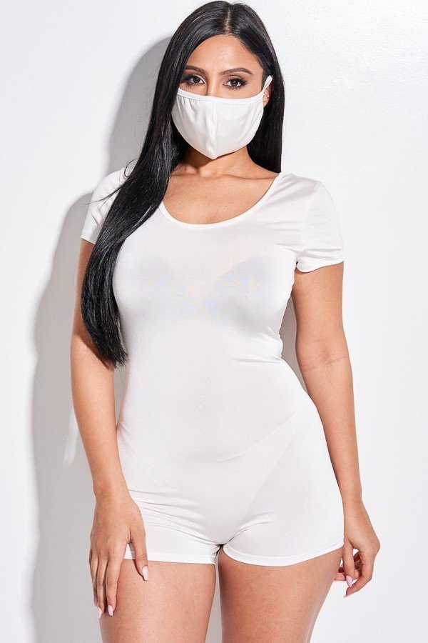 Solid Short Sleeve Scoop Neck Romper And Face Mask 2 Piece Set in Off White