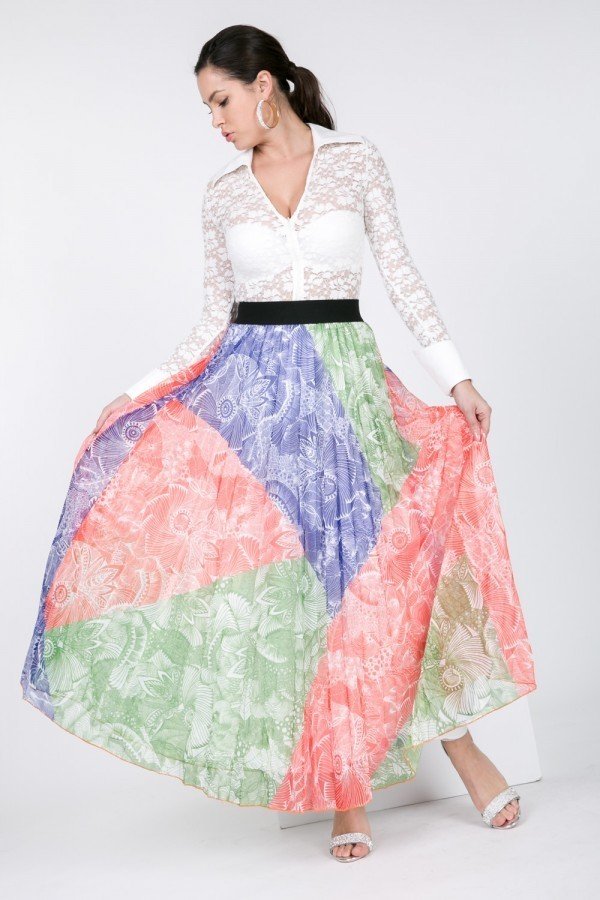 Color Block Pleated Maxi Skirt Multi