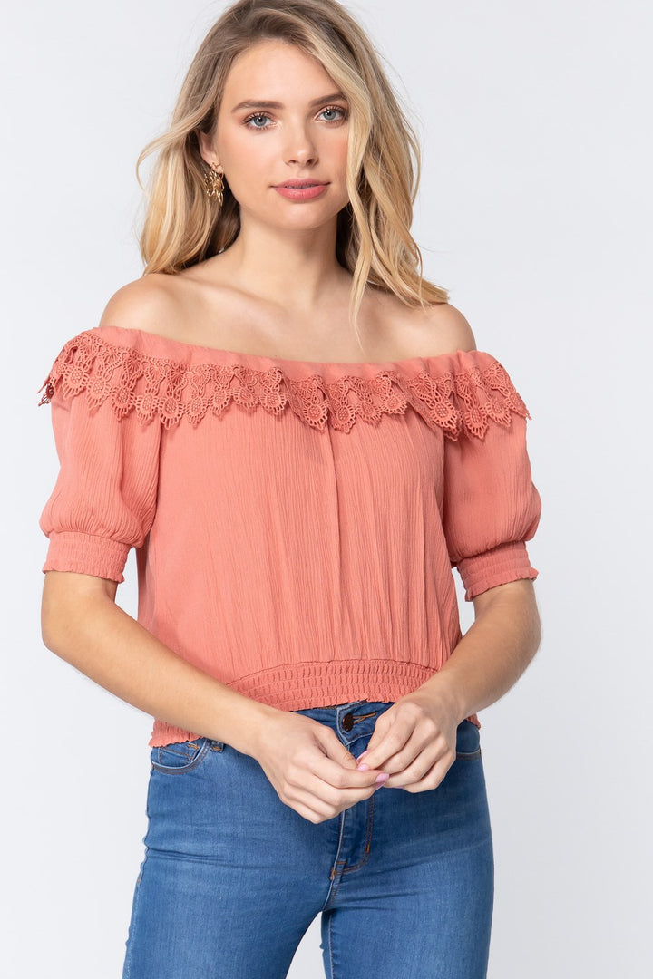 Off Shoulder Lace Detailed Top in Rose