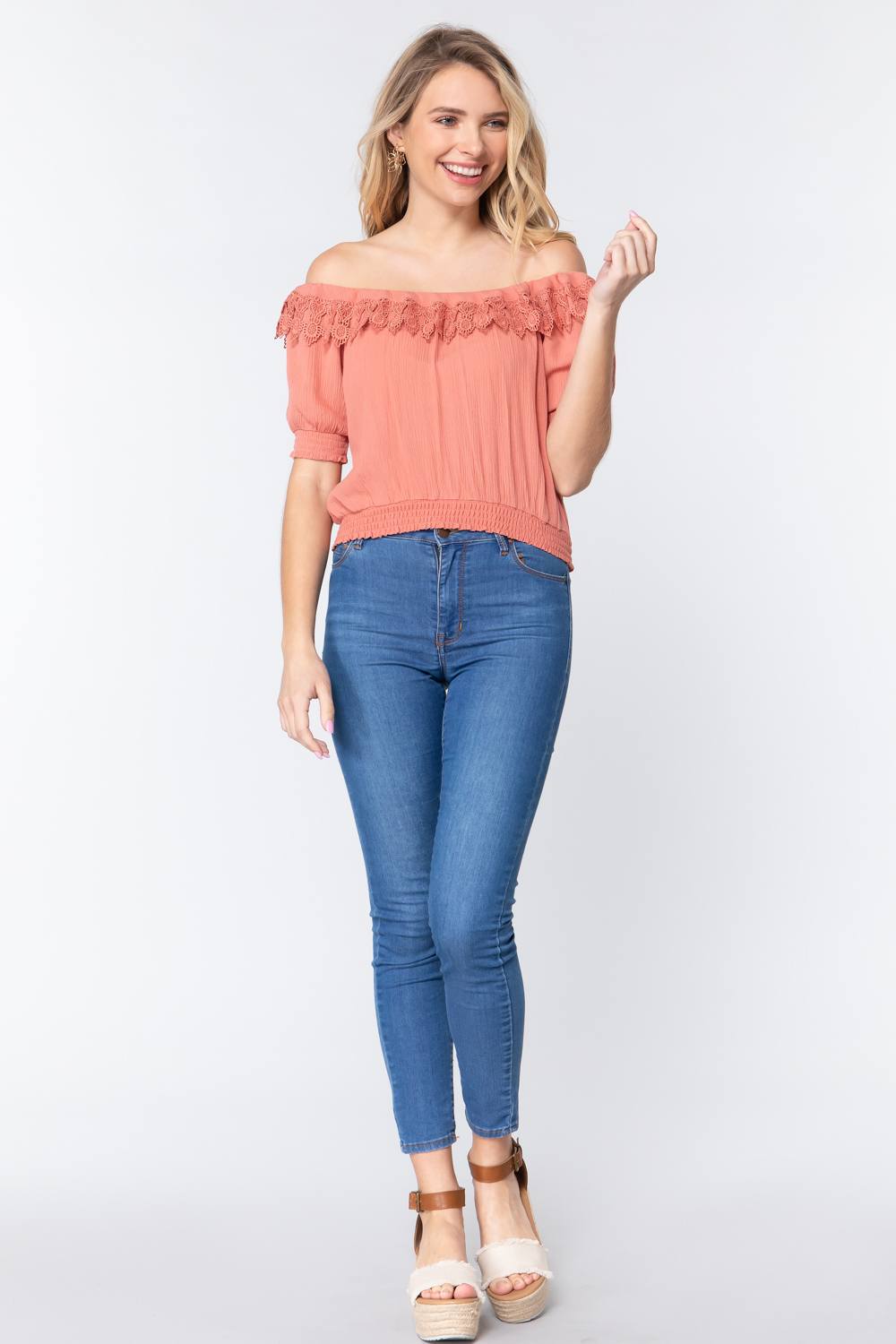 Off Shoulder Lace Detailed Top in Rose