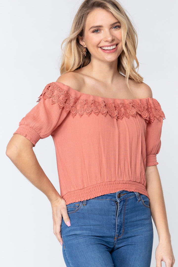 Off Shoulder Lace Detailed Top in Rose