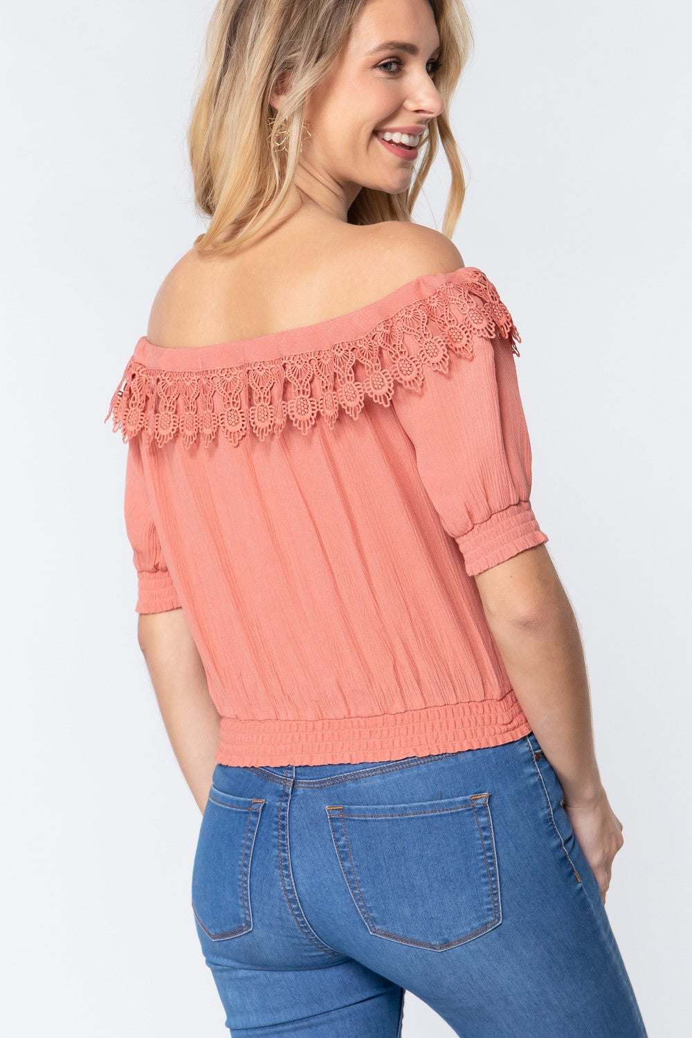 Off Shoulder Lace Detailed Top in Rose