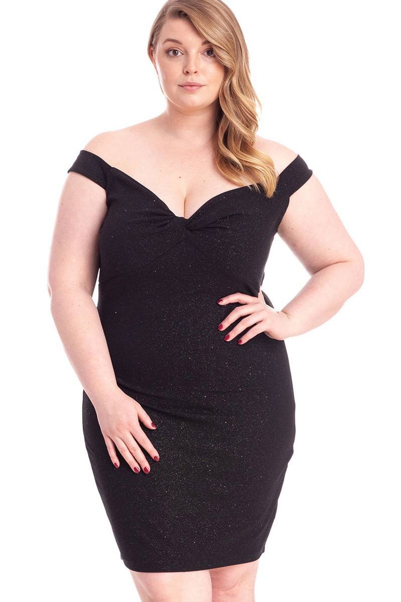 Glittered Off Shoulder Mini Dress in Black