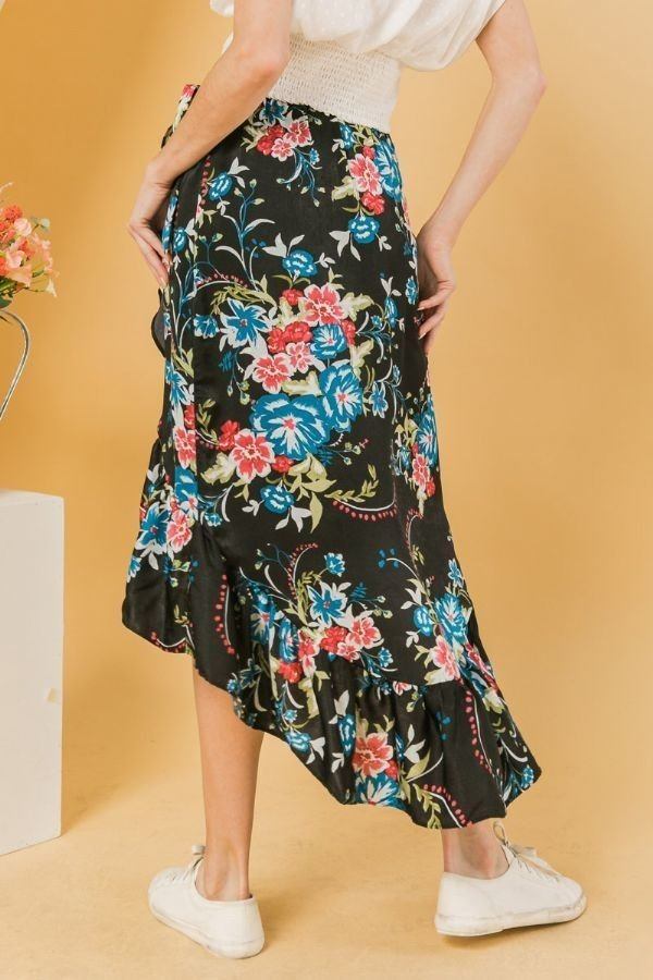 Floral Ruffle Skirt With Trim High Low