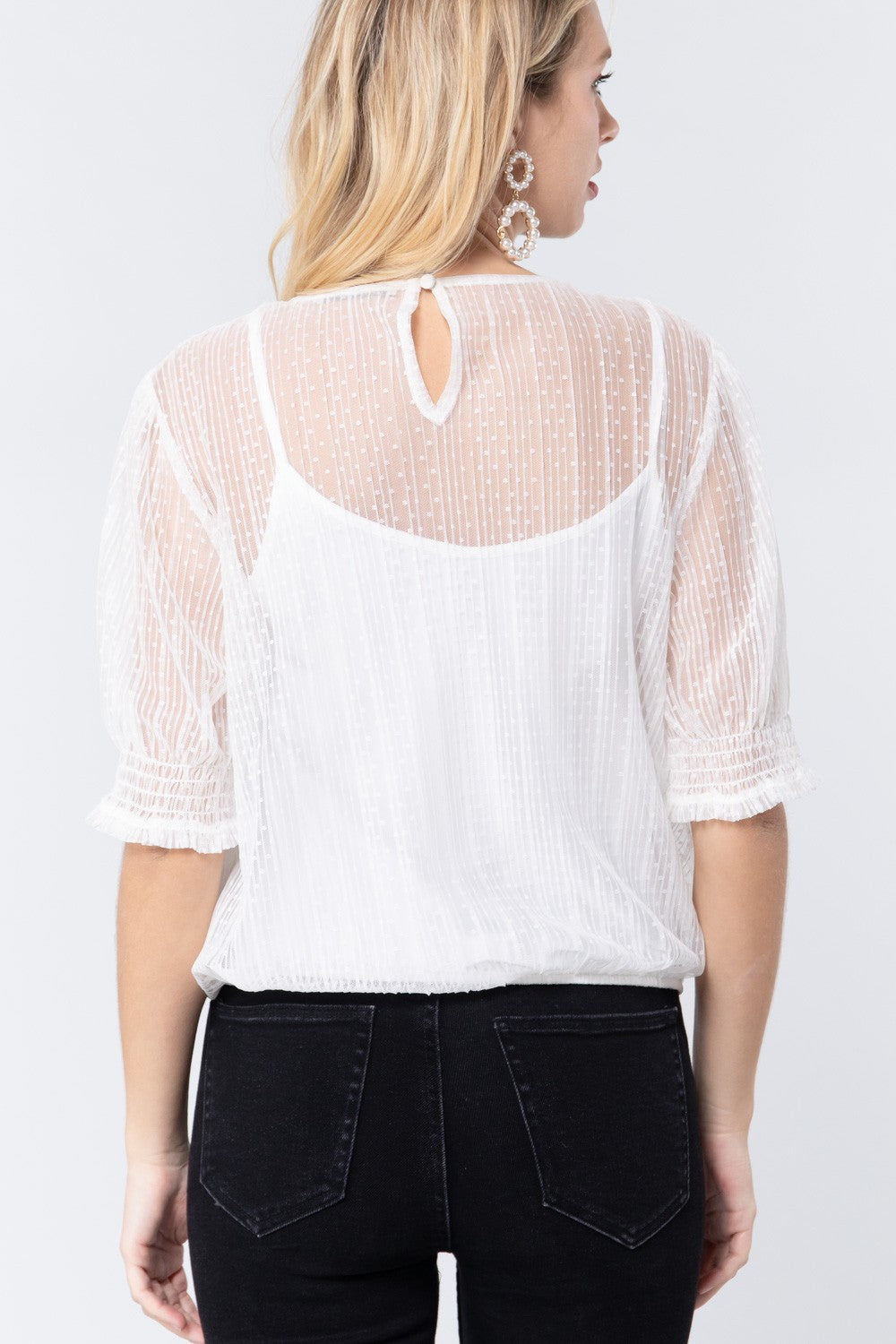 Elbow Sleeve Dot Mesh Top with Inner Cami