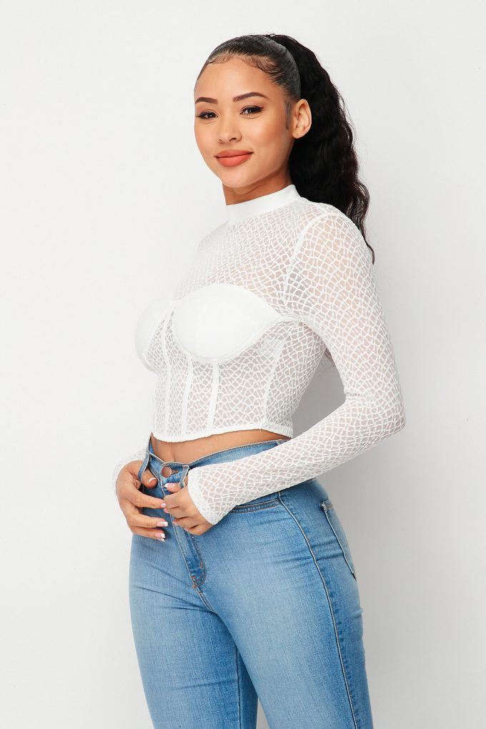 Sexy Mesh Mock Neck Top for Women in Ivory
