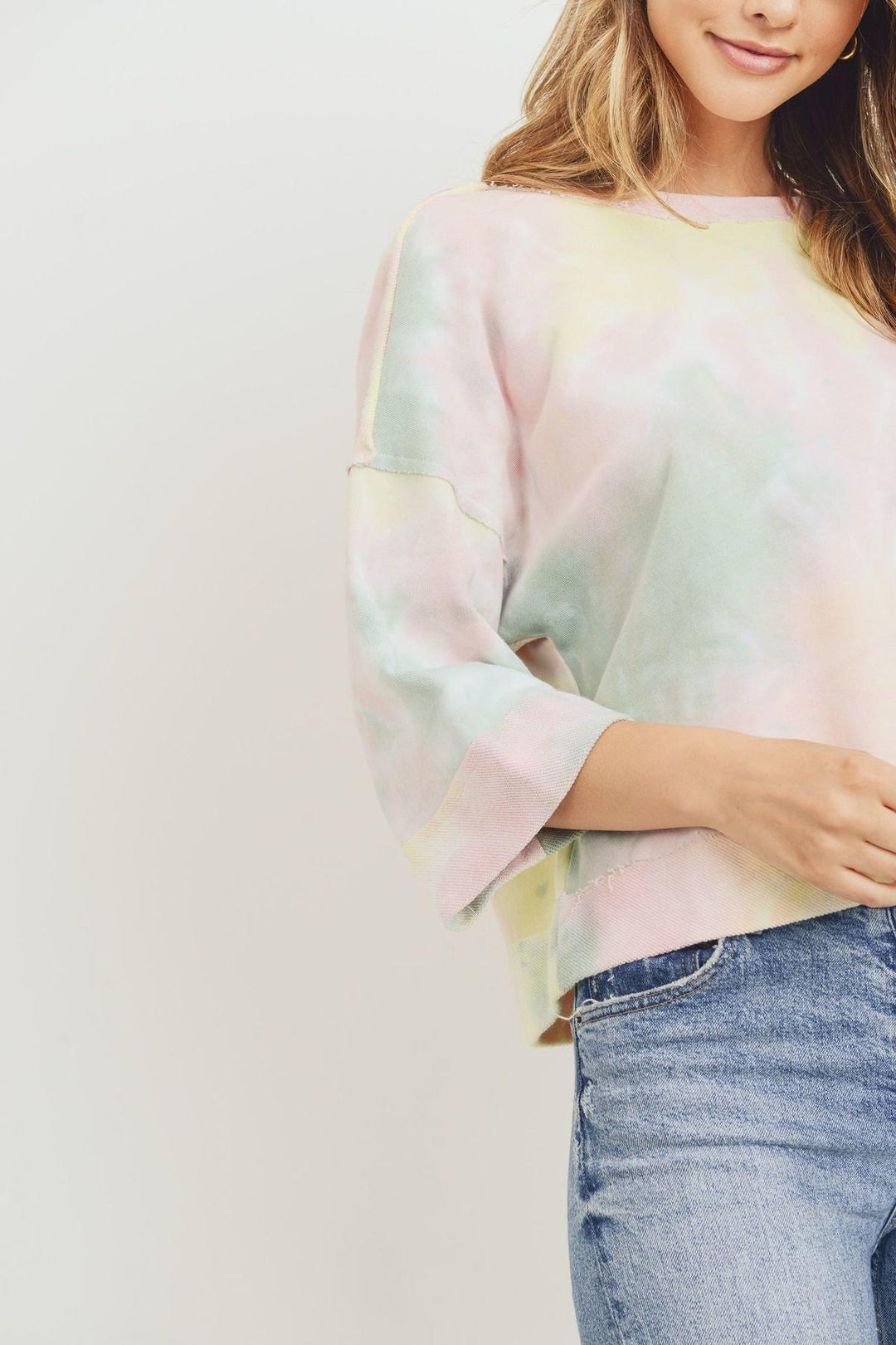Tie Dyed 3/4 Sleeve Round Neck Top for Women in Blush Multi