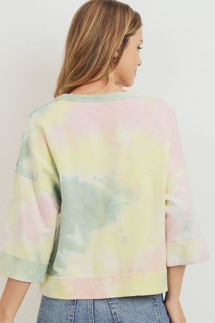 Tie Dyed 3/4 Sleeve Round Neck Top for Women in Blush Multi