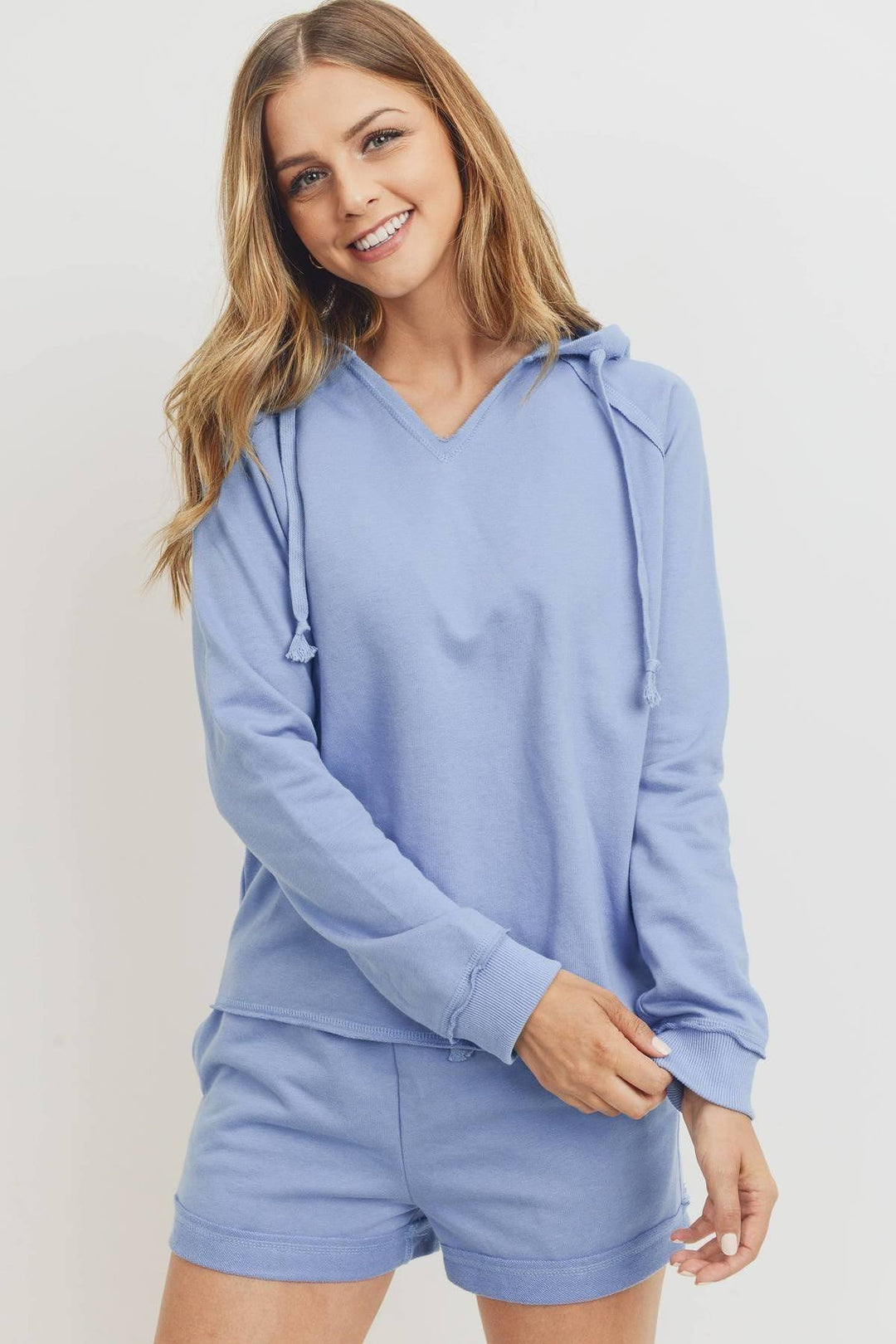 French Terry Hood With V-neck Long Sleeve Top for Women in Denim