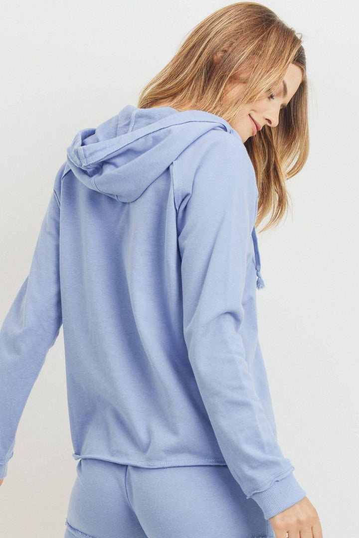 French Terry Hood With V-neck Long Sleeve Top for Women in Denim
