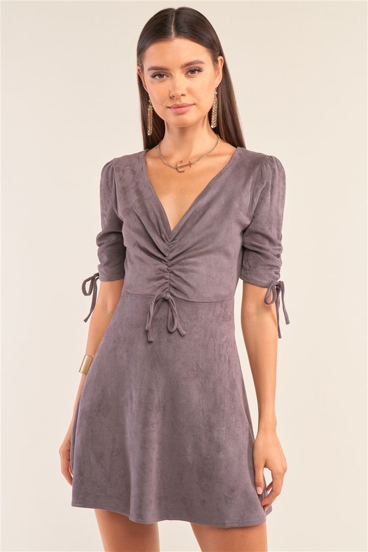 Charcoal Grey Suede Deep Plunge V-neck Gathered Detail Tight Fit Mini Dress