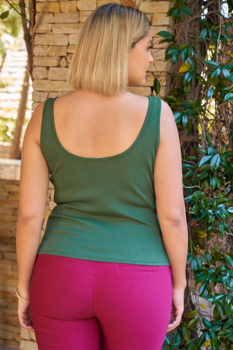 Plus Olive Sleeveless Round Neck With Split Detail Ribbed Top