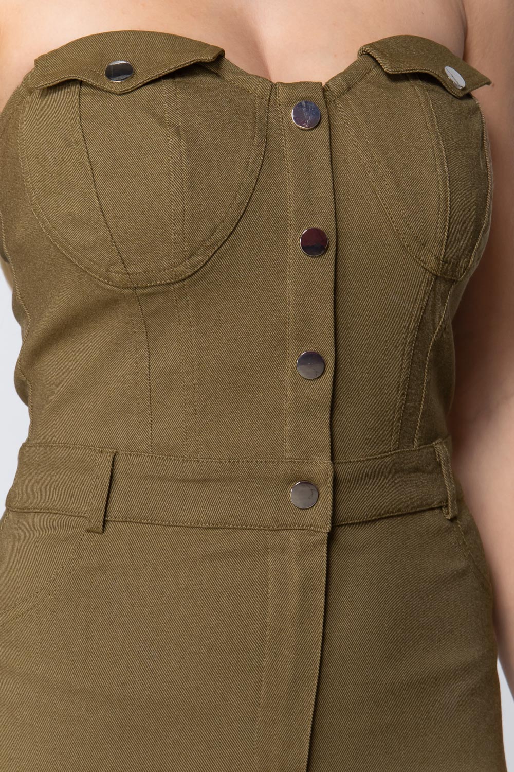 Women Strapless Button Down Mini Dress in Light Olive Green