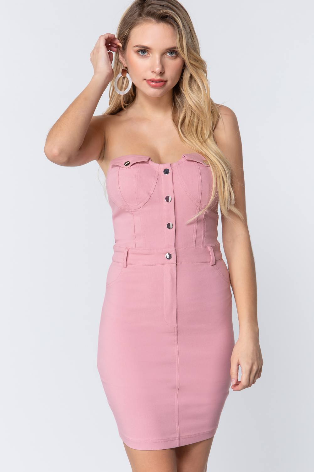 Women Strapless Button Down Mini Dress in Modern Pink